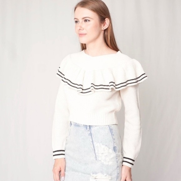 Self-Portrait Ivory Ruffle Wool Knit Sweater M Balletcore Preppy Cropped Fall - Picture 1 of 6